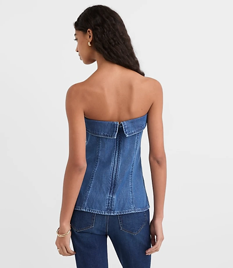 Petite Denim Foldover Strapless Top Classic Mid Wash