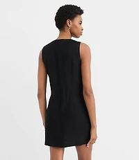 Linen Blend Button Mini Pocket Dress