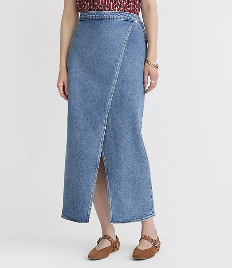 Denim Midi Wrap Skirt Bright Mid Indigo Wash