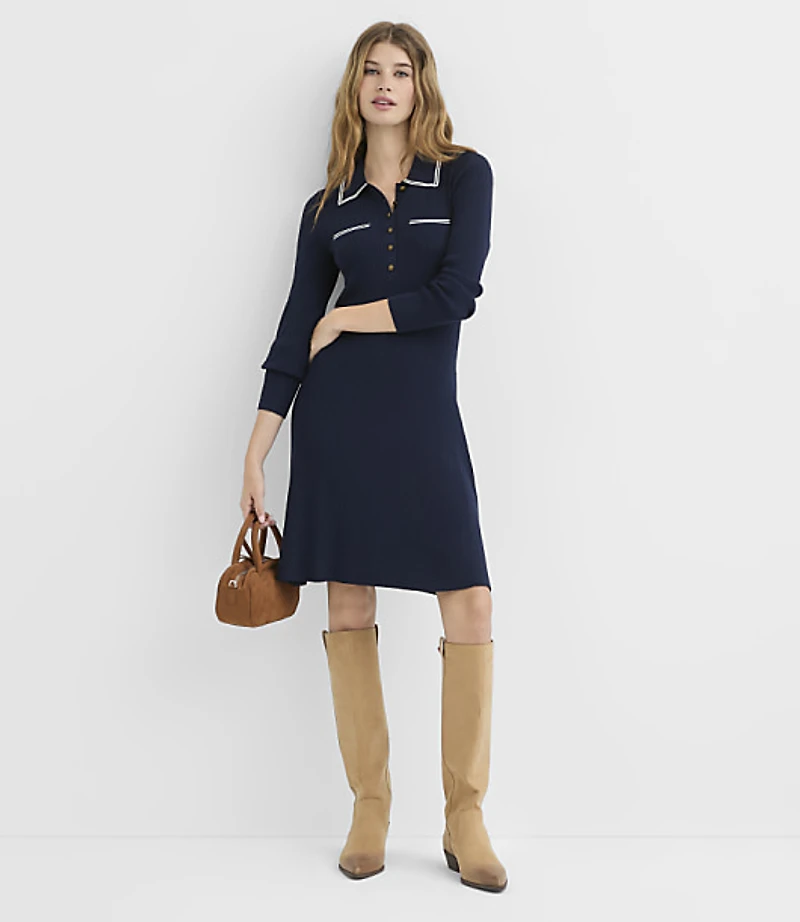 Tipped Ribbed Henley Sweater Shirtdress