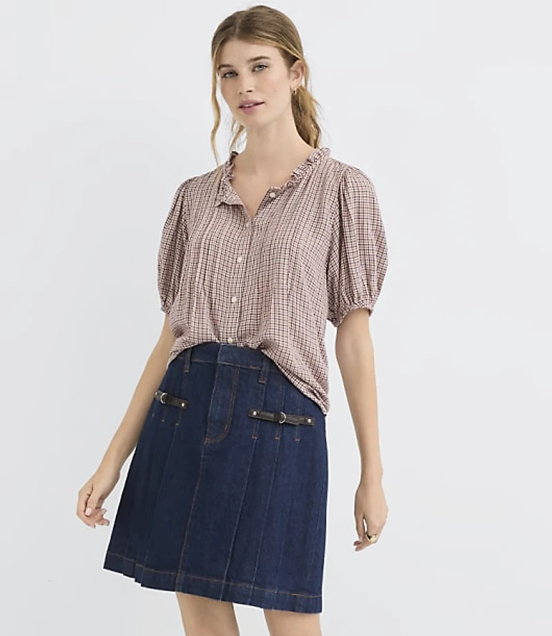 Plaid Pintucked Puff Sleeve Blouse