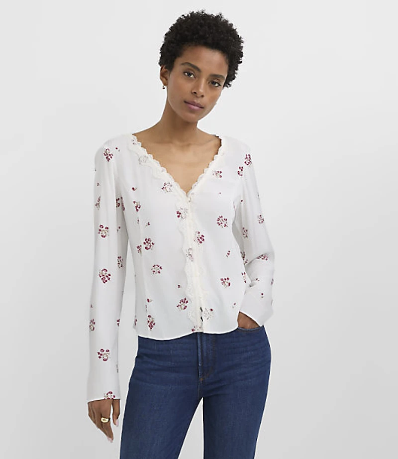 Floral Lace Trim V-Neck Blouse