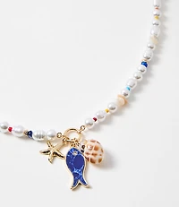Pearlized Fish & Seashell Pull Tie Necklace