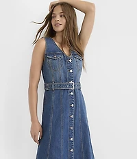 Belted Seamed Denim Midi Pocket Dress Classic Indigo Wash