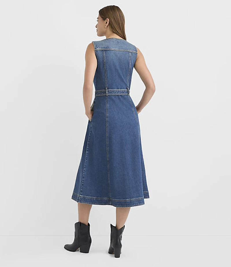 Belted Seamed Denim Midi Pocket Dress Classic Indigo Wash