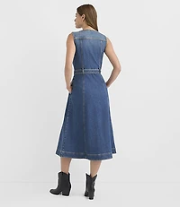 Belted Seamed Denim Midi Pocket Dress Classic Indigo Wash