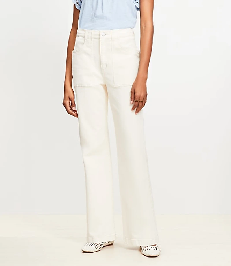 Petite High Rise Relaxed Flare Utility Jeans in Ivory