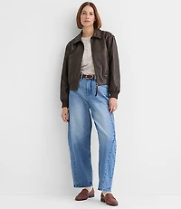 Distressed Faux Leather Bomber Jacket