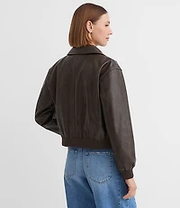 Distressed Faux Leather Bomber Jacket