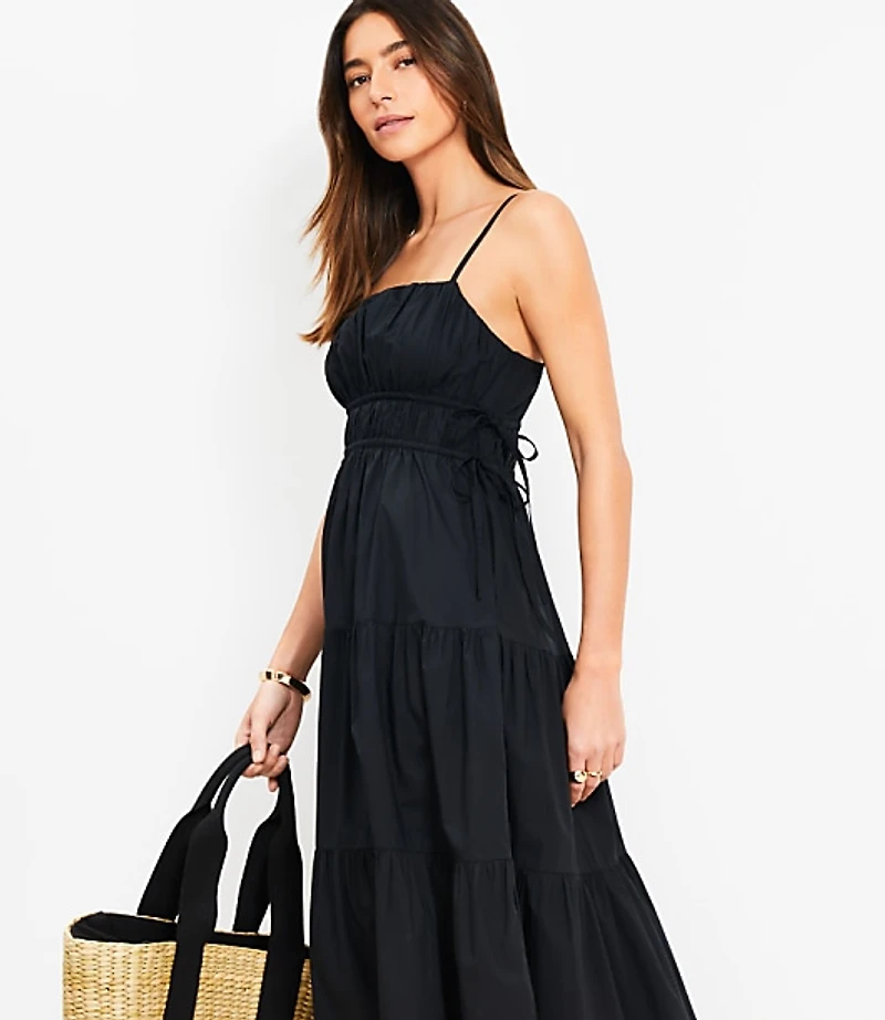 Pleated Side Tie Strappy Midi Pocket Dress