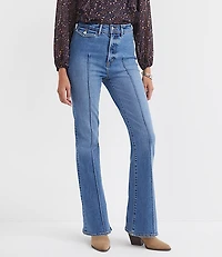 Pintucked High Rise Slim Flare Jeans Medium Stone Wash
