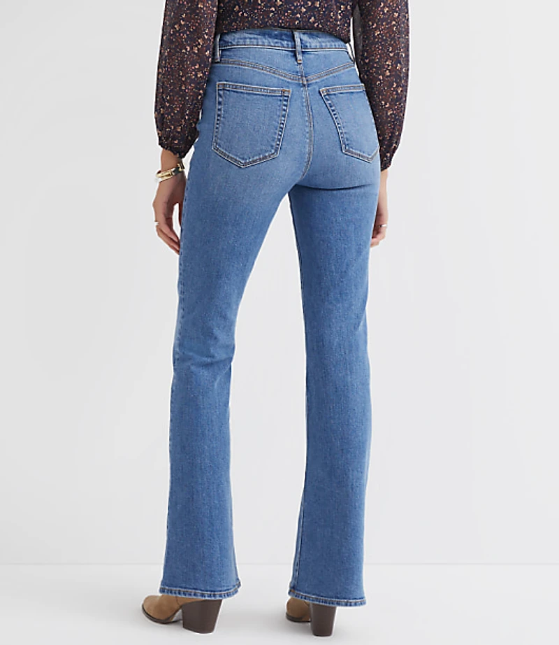Pintucked High Rise Slim Flare Jeans Medium Stone Wash