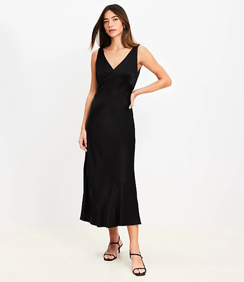Satin Double V Bias Midi Dress