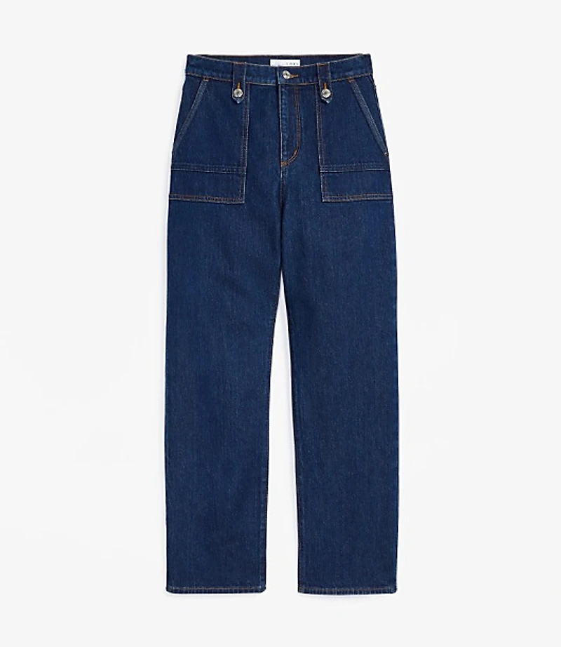 High Rise Straight Utility Jeans in Mid Indigo Wash