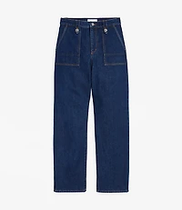 High Rise Straight Utility Jeans in Mid Indigo Wash