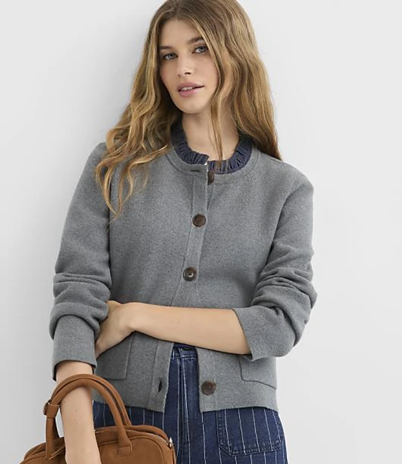 Ruffle Collar Mixed Media Sweater Jacket