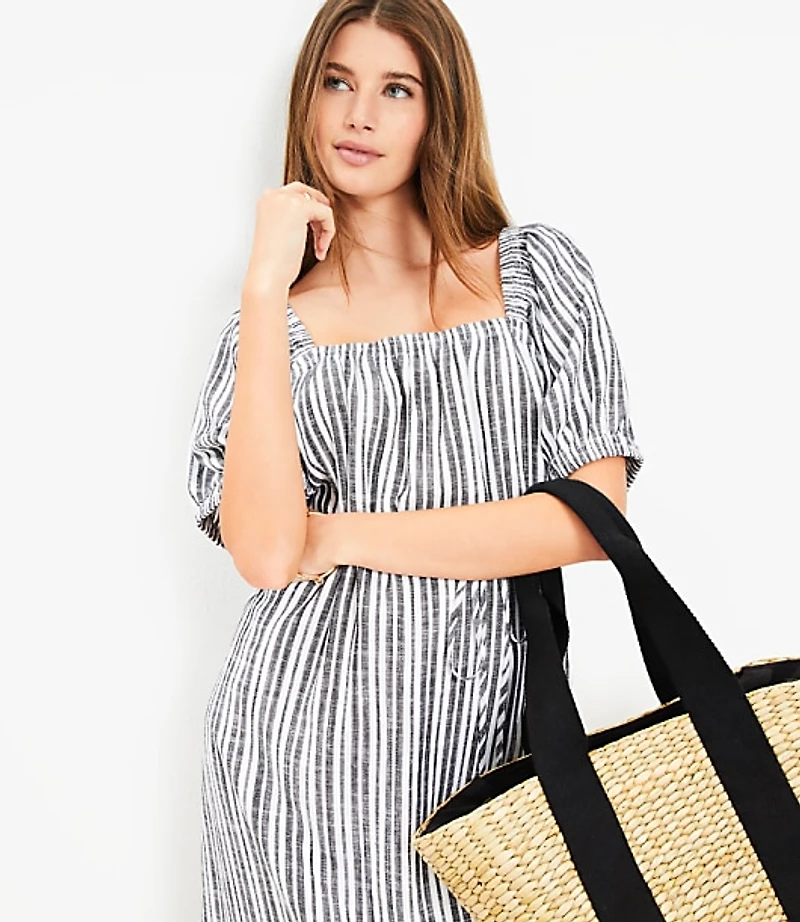 Petite Striped Smocked Square Neck Midi Dress