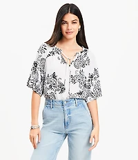 Petite Garden Tie Neck Mixed Media Blouse