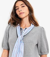 Petite Striped Mixed Media Puff Sleeve Cardigan