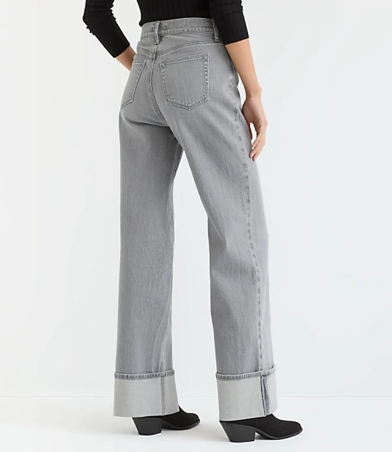 Cuffed High Rise Wide Leg Jeans Grey
