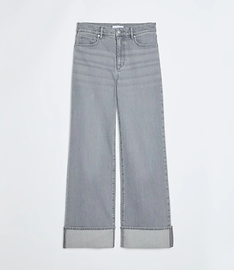 Cuffed High Rise Wide Leg Jeans Grey