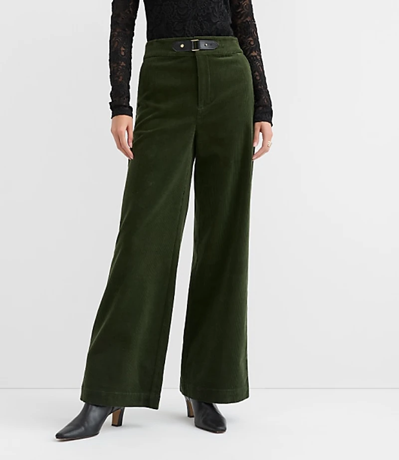 Petite Faux Leather Buckle Wide Leg Corduroy Pants