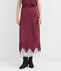 Lace Trim Satin Midi Skirt