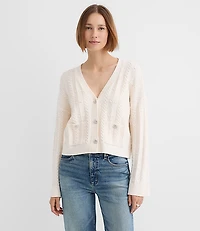 Crystal Button Cable V-Neck Cardigan