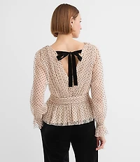 Velvet Dot Tulle Tie Back Peplum Blouse