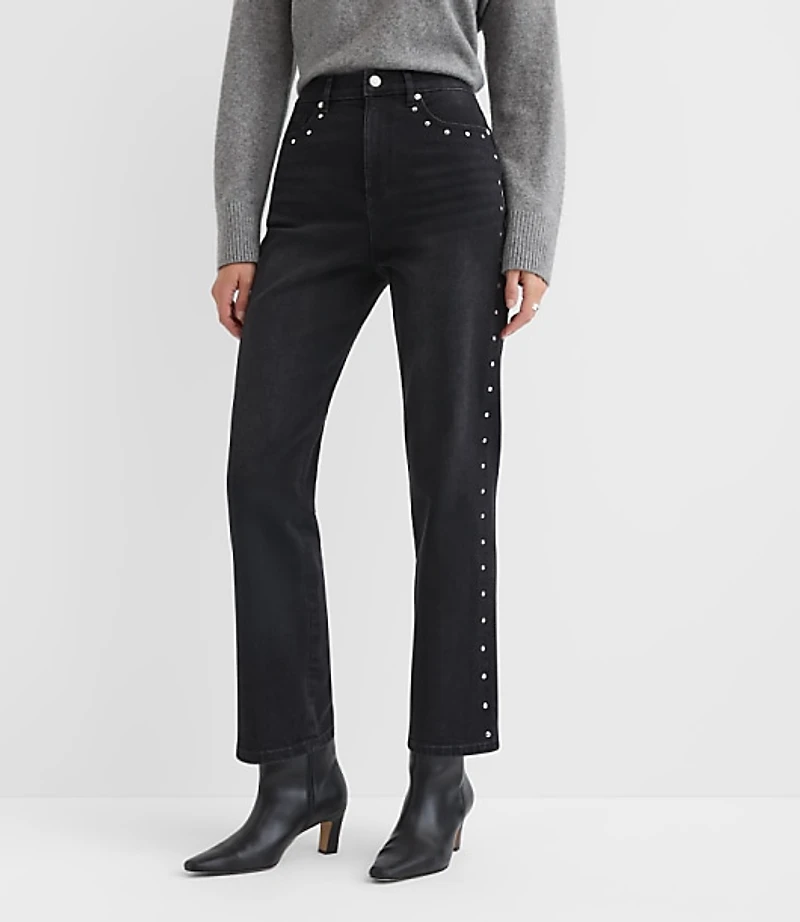 Studded High Rise Straight Jeans Washed Black