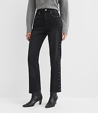 Studded High Rise Straight Jeans Washed Black