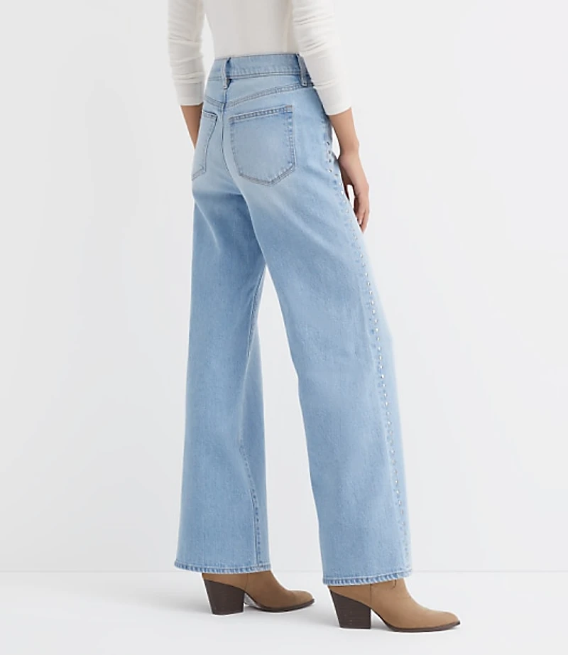 Curvy Studded High Rise Wide Leg Jeans Mid Vintage Wash