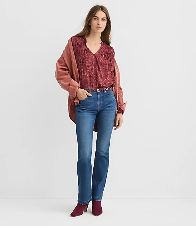 Lace Print Pintucked Ruffle Mixed Media Blouse