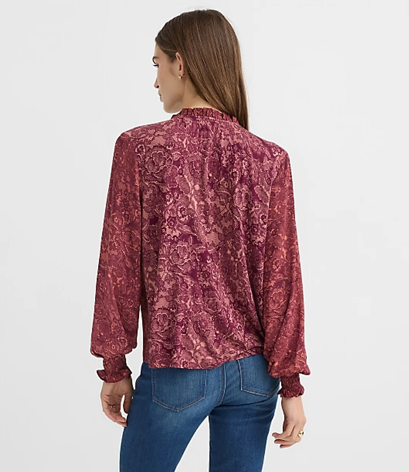 Lace Print Pintucked Ruffle Mixed Media Blouse
