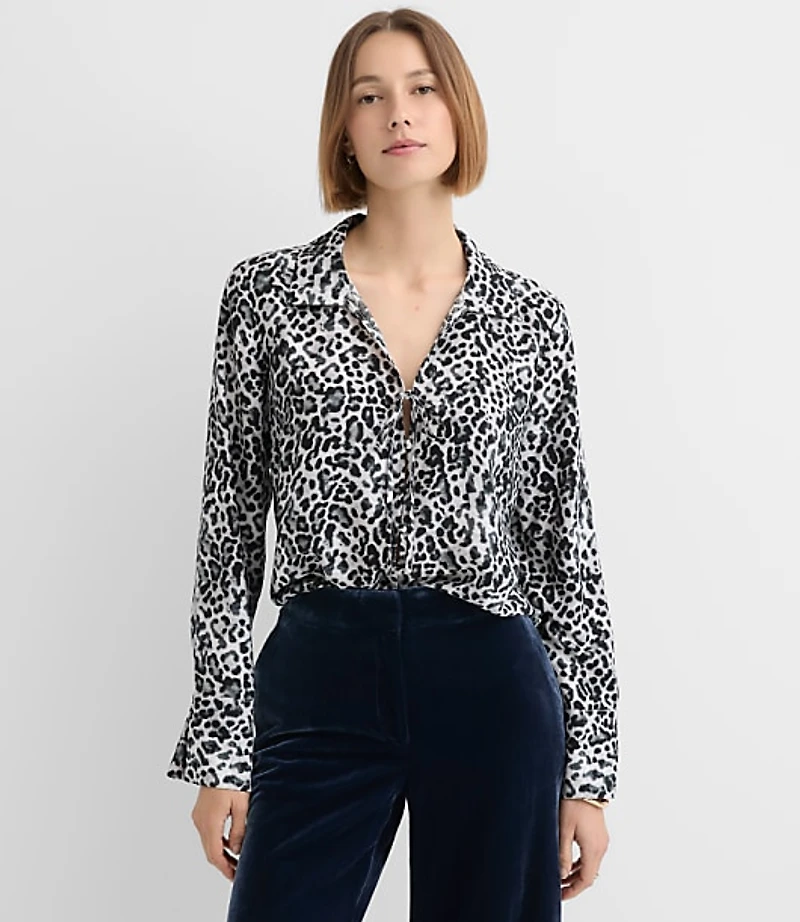 Leopard Print Slit Cuff Tie Neck Blouse