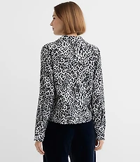 Leopard Print Slit Cuff Tie Neck Blouse