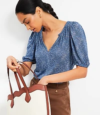 Paisley Puff Sleeve Split Neck Top