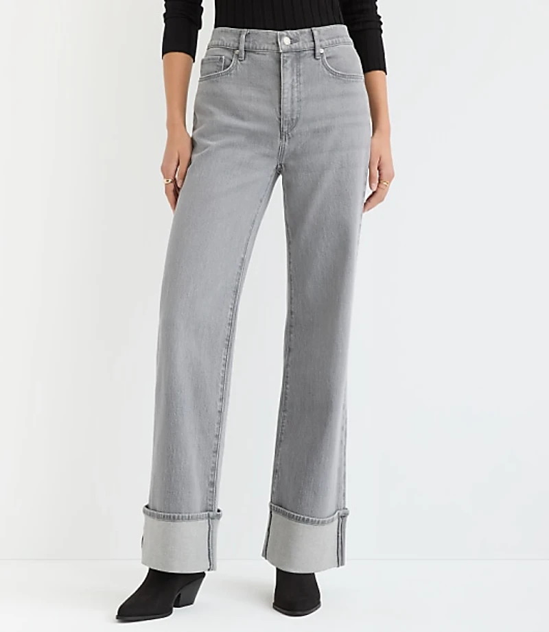 Petite Cuffed High Rise Wide Leg Jeans Grey