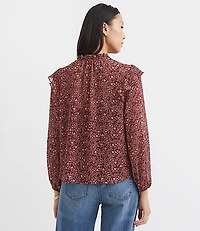 Floral Ruffle Button Tie Neck Blouse