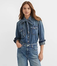 Petite Denim Bow Blouse Authentic Vintage Mid Wash