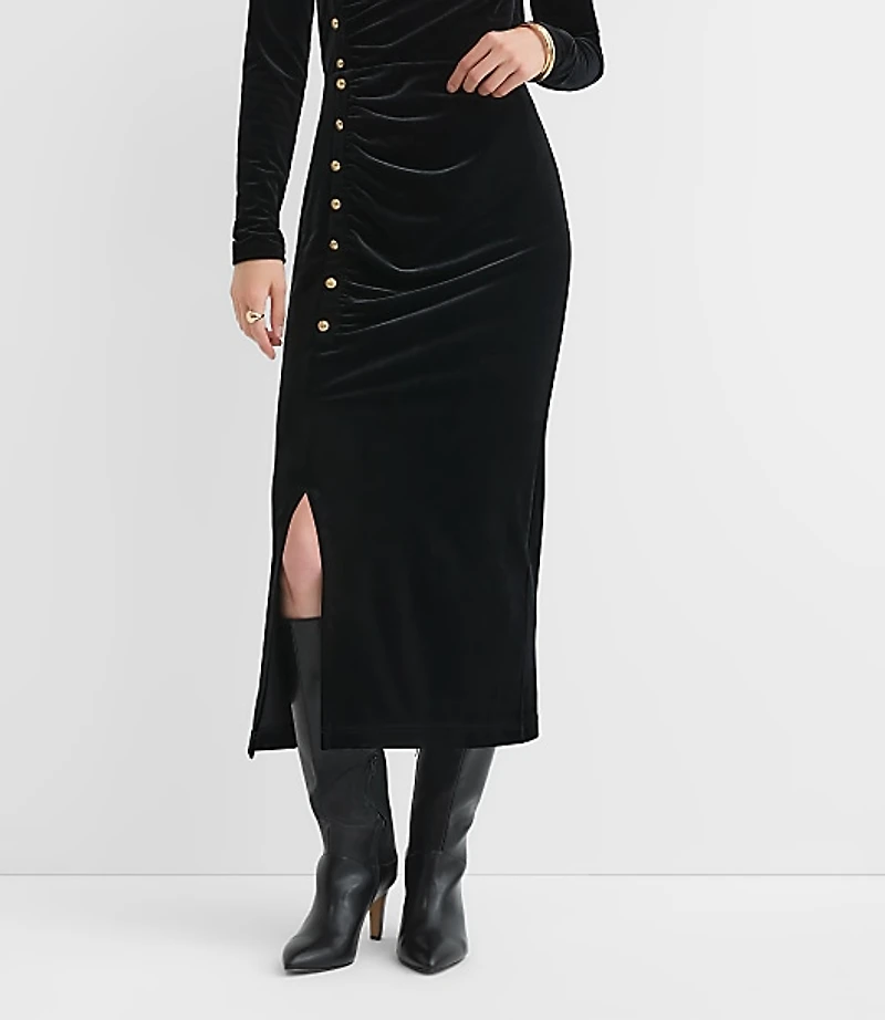 Velvet Ruched Button Midi Skirt