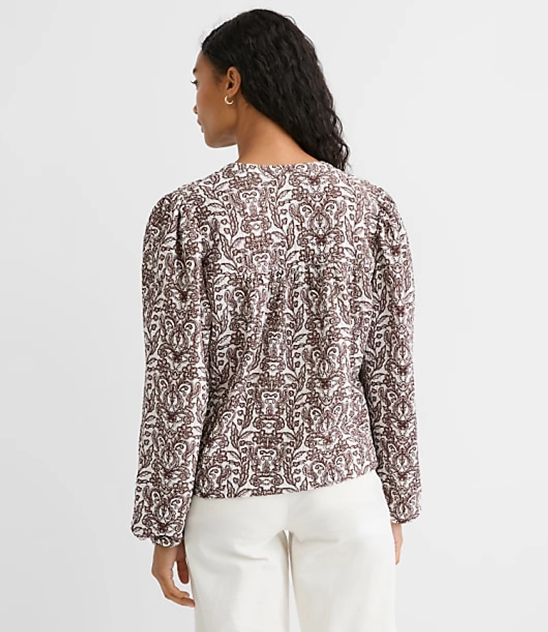 Lace Garden Crinkle Knit Split Neck Blouse