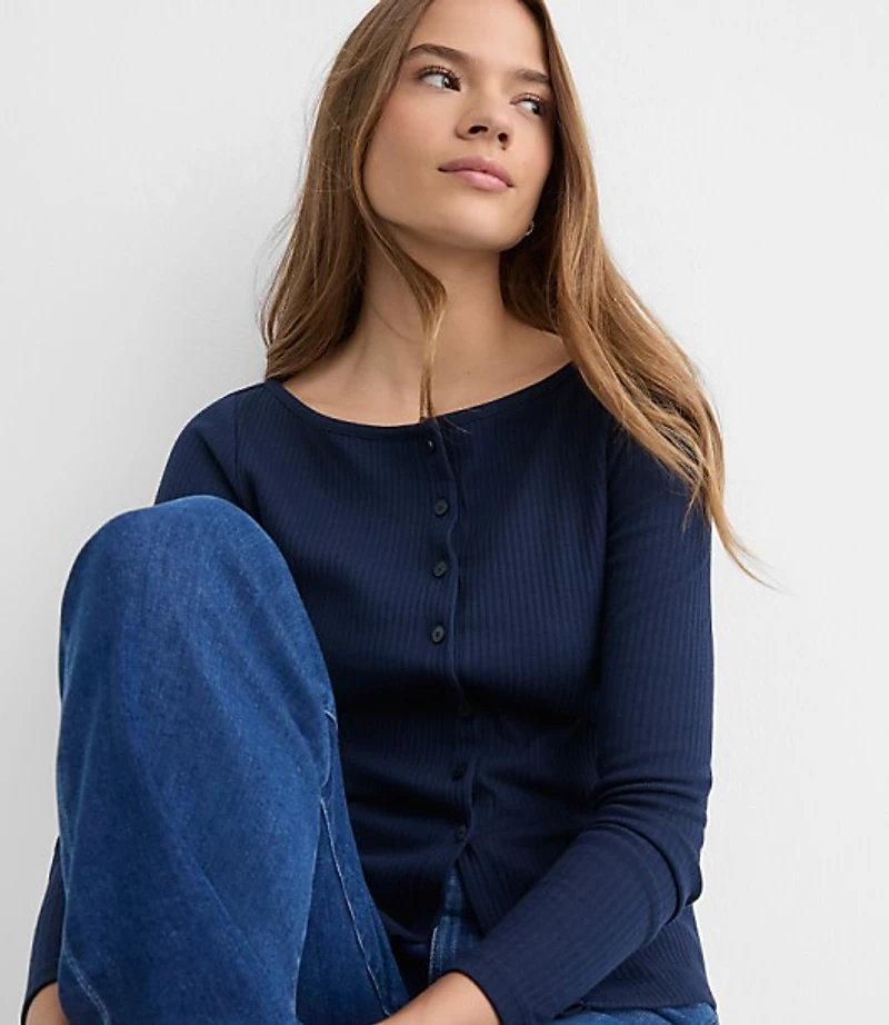 Ribbed Boatneck Button Top