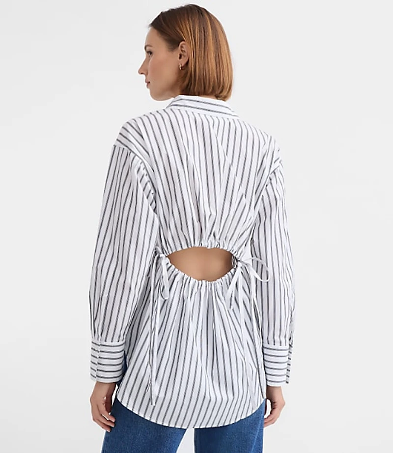 Striped Poplin Cutout Back Tunic Shirt