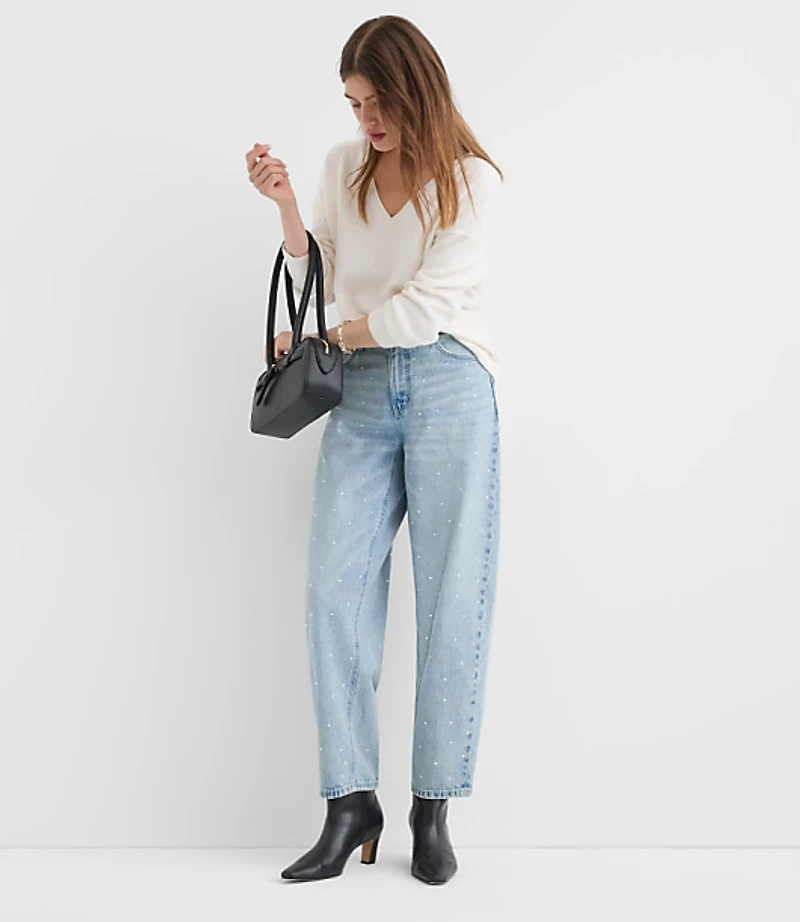 Sparkle Embellished High Rise Barrel Jeans Vintage Light Indigo Wash