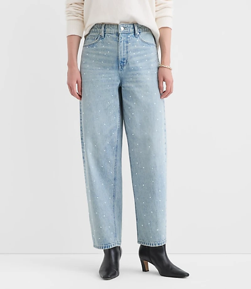 Sparkle Embellished High Rise Barrel Jeans Vintage Light Indigo Wash