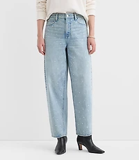 Sparkle Embellished High Rise Barrel Jeans Vintage Light Indigo Wash