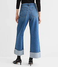 Petite Curvy Embellished Cuffed High Rise Wide Leg Crop Jeans Bright Mid Indigo Wash