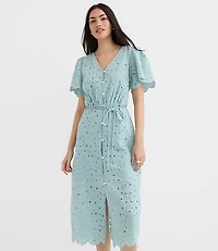 Scalloped Eyelet Midi Pocket Shirtdress