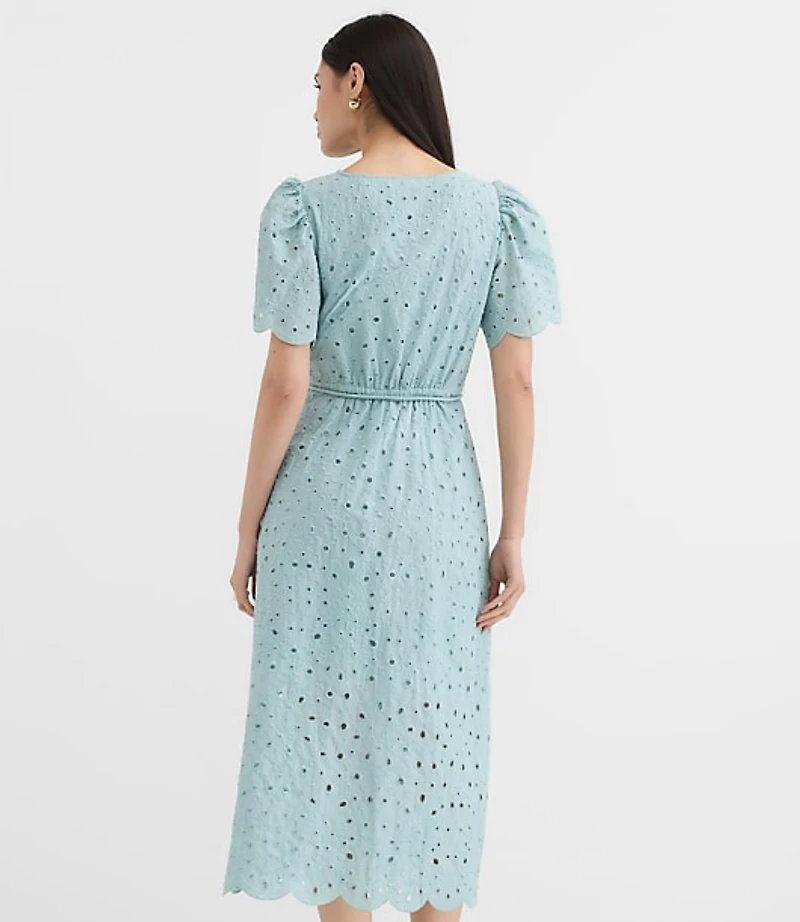 Scalloped Eyelet Midi Pocket Shirtdress